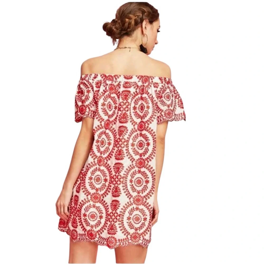 Entro red and white fully floral embroidered off the shoulder mini dress - Picture 2 of 14